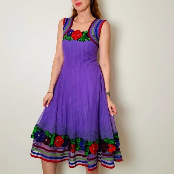 Vintage Phool Dress Indian Vibrant Purple Floral Embroidered Midi - Picture 2 of 10